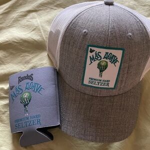 Tequila Gray and White Mesh Cap with Logo with added beverage koozie.